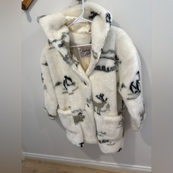 VINTAGE -1980s- STERLING STALL- FAUX FUR WINTER SCENE COAT - Small - size 6 - Picture 1 of 13